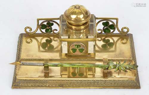 An Irish enamel and brass inkstand, with shamrock motifs, 14.5cm x 21.5cm