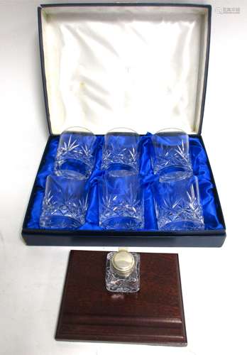 An A J Poole Birmingham silver topped inkwell, together with a cased set of six Mappin & Webb