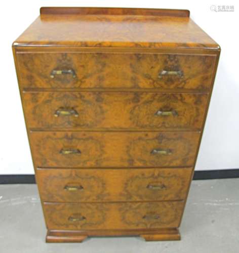 A 20th Century walnut chest, of five graduated drawers with burr walnut top and drawer fronts,