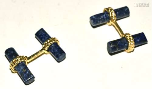 A pair of gilt 925 silver mounted cufflinks, with a rope twist design, holding lapis lazuli