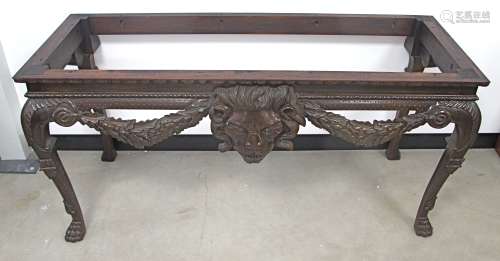 A George II style mahogany Irish side table, base only, frieze applied with egg, dart, flower and