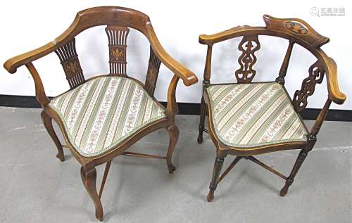 An early 19th Century mahogany corner chair, with boxwood string, three pierced back splats with
