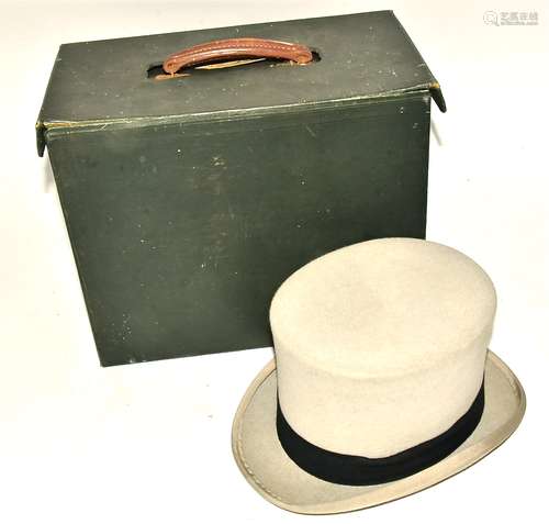 A vintage Woodrow & Sons top hat in case, in grey, the interior marked 'Woodrow Piccadilly