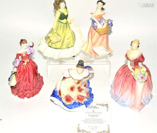 Five Royal Doulton figurines, HN1926 Roseanne 1940/1959, HN2410 Lesley 1986/1990 signed by Michael