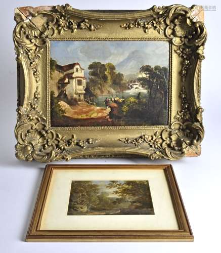 19th Century oil on canvas, rural landscape with figures fishing beside a house, unsigned, 23.5cm