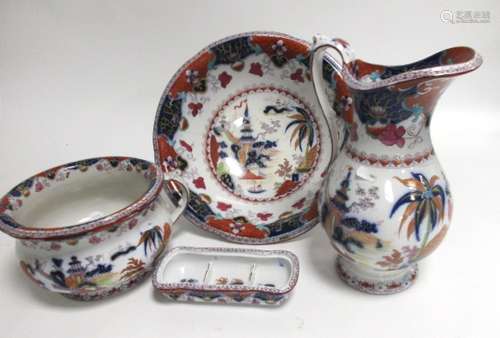 A 19th Century Imari pattern ironstone toilet set, consisting of a jug, height 33cm, large washbowl,