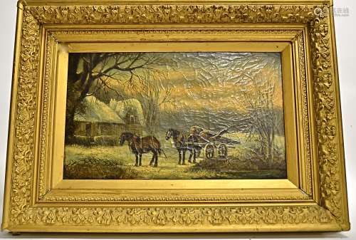 An oil on canvas Wintery landscape of horses pulling a cart, indistinctly signed 'J….', framed