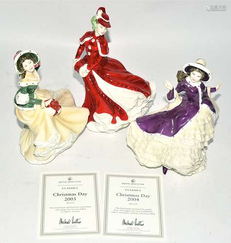 Three Royal Doulton Christmas day themed figures, HN4422 Christmas Day 2002, HN4552 Christmas Day