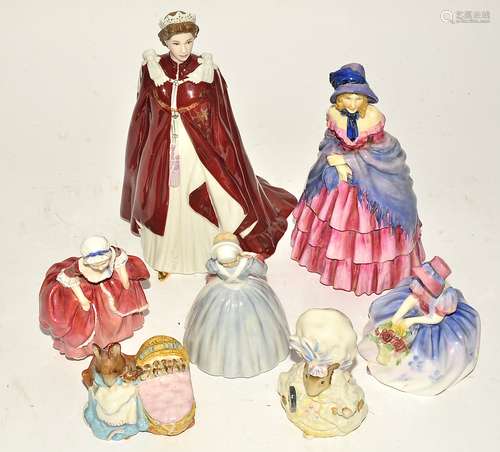 A small group of Royal Doulton and Royal Worcester figures, to include Royal Worcester Queen 80th