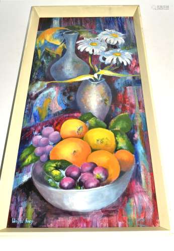 Winifred Francis (1915-2005 Welsh) an oil on board still life with fruit bowl in foreground and