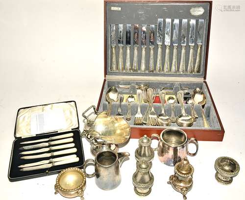 A 20th Century six person cased silver plated cutlery service with beaded pattern, together with