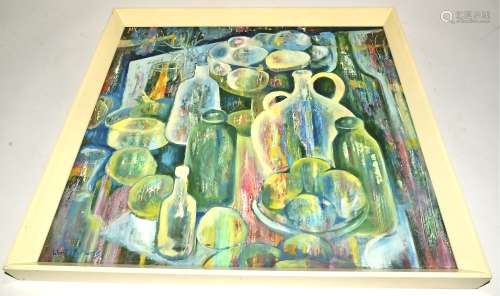 Winifred Francis (1915-2005 Welsh) an oil on board still life of assorted bottles and fruit,