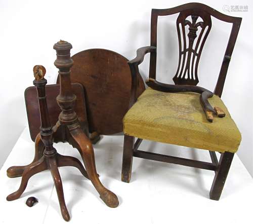 Three pieces of antique furniture for restoration, mahogany child's chair and two tripod tables