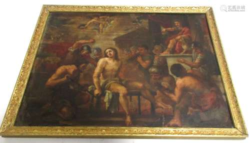 A late 19th Century oil on copper of the martyrdom of St Lawrence, in later frame, internal