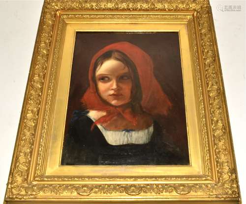 A late 19th Century oil on canvas of a young girl with a red hood, possibly based on the Italian