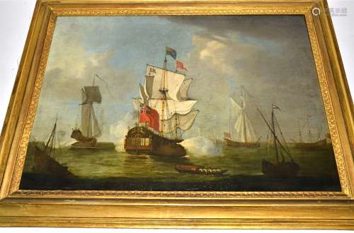 An 18th Century Dutch oil on canvas, a maritime study of a naval battle, no apparent signature, 56.