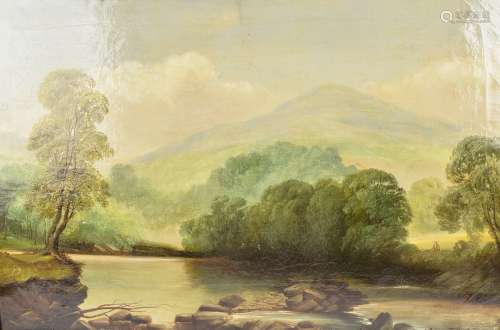 An oil on canvas waterside landscape, with boulders and a figure in the foreground and hills in