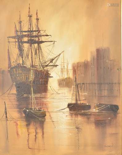 John Blampfield (b.1947 Contemporary), an acrylic on canvas of ships in a harbour, framed