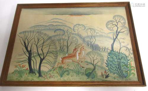 An early 20th Century watercolour illustration on fabric of deer in a forest glen, framed and