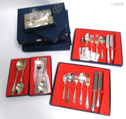 Seven piece bead pattern cutlery sets, with graduated knives, forks and spoons, across seven