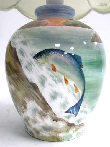 A Minton china table lamp with hand painted study of a salmon leaping up rocks, signed B.Cheadle,