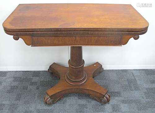 A William IV mahogany tea table, fold over top with swivel action, scroll ends to table rails, round