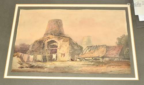 After James Stark (Norwich School 1794-1859), watercolour study of a kiln and washing line, 25.5cm x