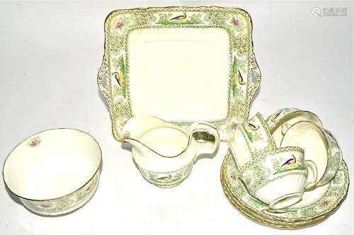A 12 piece early 20th Century tea set by Faisan Radfordian, the moulded china with transfer