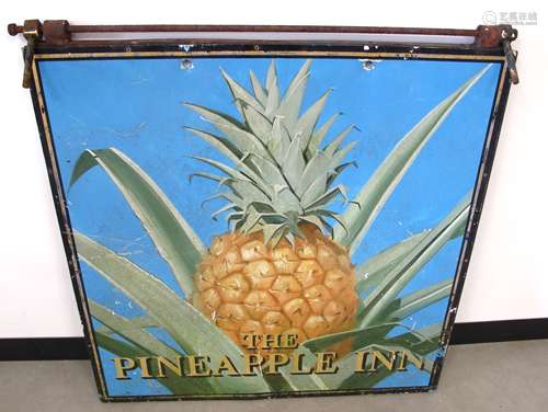 A vintage double sided pub sign, The Pineapple Inn, with image of the fruit on metal panel, metal