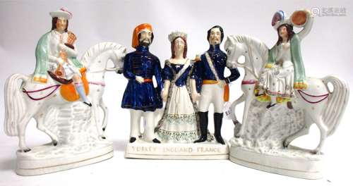 A Victorian Staffordshire figure bearing the caption 'Turkey England France', with Queen Victoria