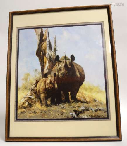 Two David Shepherd prints of Rhinos, both framed and glazed, 30cm x 50cm, 38cm x 36cm internal