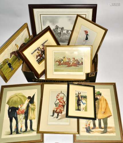 Fourteen prints and assorted pictures with a horse racing theme, to include two Vanity Fair