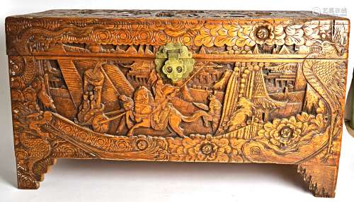 An Oriental camphor wood lined blanket box, with scenes of figures on horseback, 87.5cm x 48cm x