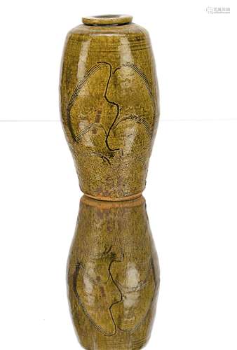 Bernard Leach (1887-1979), a stoneware ovoid vase, with incised willow tree design and a green all