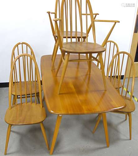 A Mid- Century blonde Ercol dining set, comprising of four side and two caver Quaker Windsor