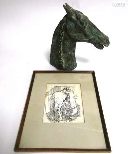 A patinated horse head statue, height 27cm, together with an ink equestrian study, framed and