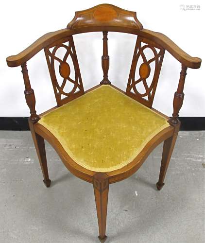 An Edwardian inlaid corner chair, with boxwood stringing and satinwood inlay, two pierced splats and