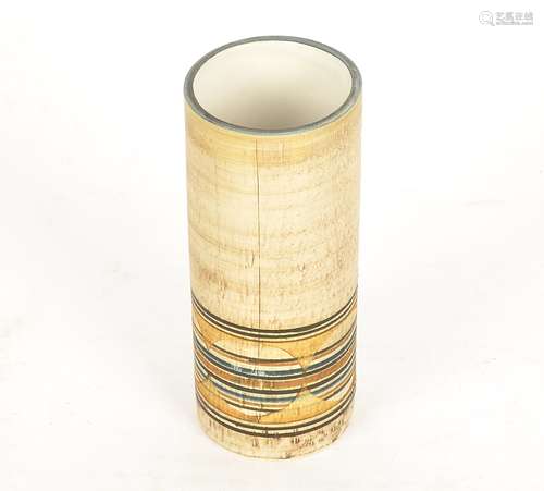 A Troika Pottery cylindrical vase, with a bisque beige ground and lower border of circles