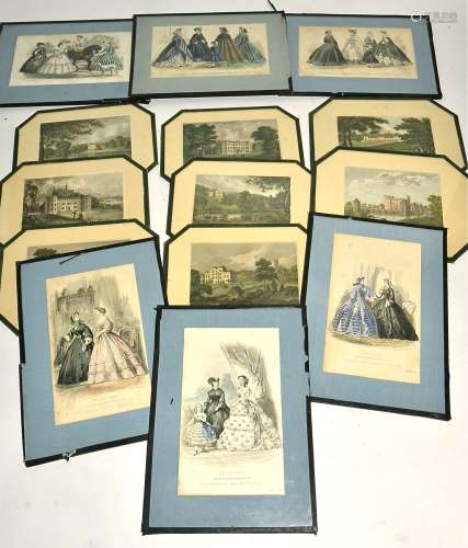 Fourteen 20th century place setting mats, eight with enclosed prints of country houses and