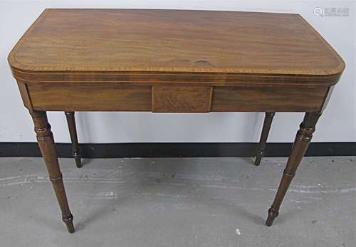 A Regency mahogany card table, rosewood cross banding with boxwood and ebony stringing, fold over