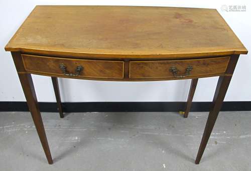 An Edwardian inlaid mahogany break front side table, two frieze drawers, boxwood stringing, raised
