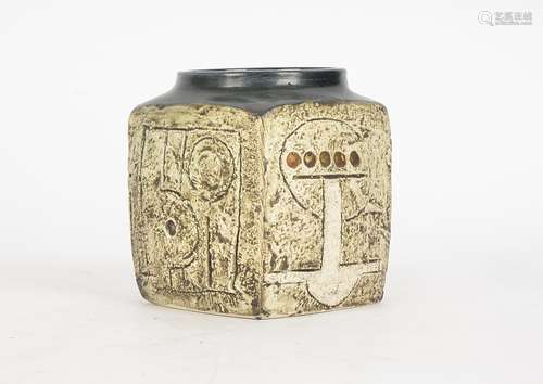 A Troika Pottery squat cuboid pot with square sides, each with incised decoration, on a textured