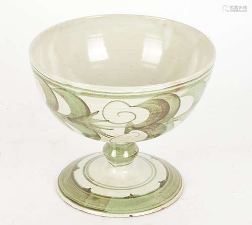 An Aldermaston Pottery footed bowl, on a grey ground with encircling green design, decorated by