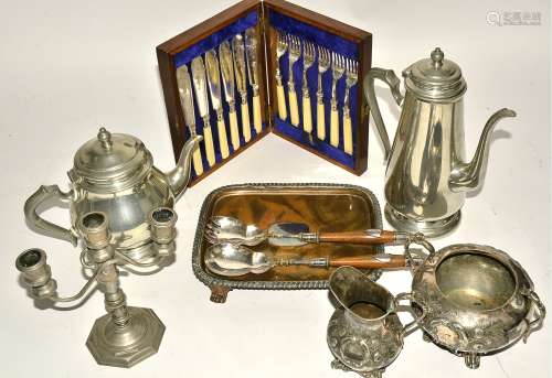 A quantity of pewter and silver plated wares, to include a candelabra on an octagonal base, height