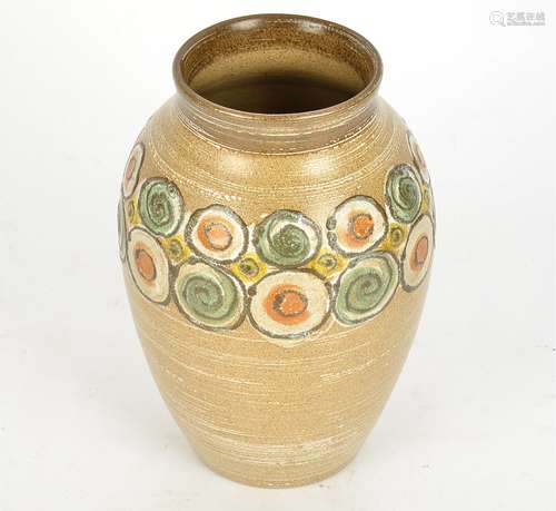 A Denby stoneware vase, with orange, yellow and green raised circles and spirals, on a beige ground,