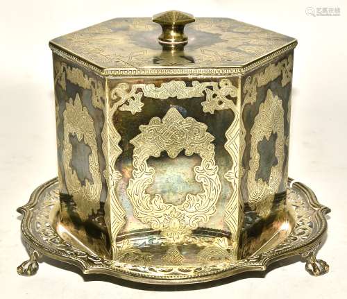 A 19th Century silver plated biscuit barrel, of hexagonal form, with geometric foliate decoration,