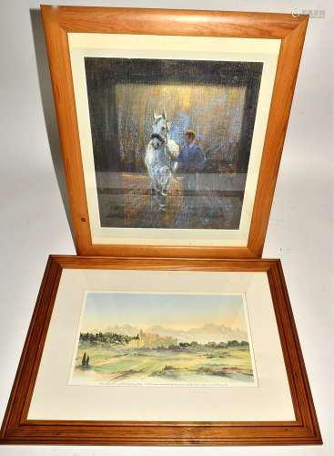 An equestrian print, framed and glazed, 39cm x 33.5cm, together with a print of a watercolour by HRH