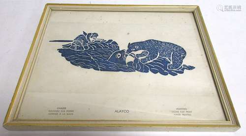 An Inuit woodblock print, of hunter, seal and bear, after Alayco, framed and glazed internal