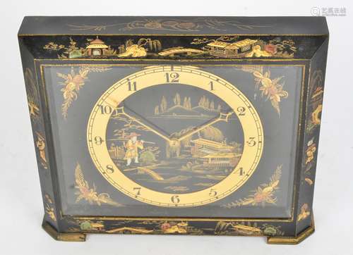 A 20th Century Chinoiserie gilt and ebonised mantle clock, the dial with Arabic numerals, with