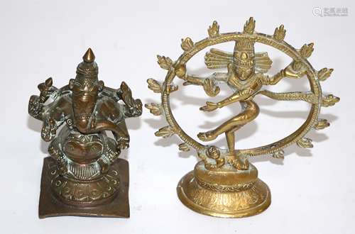 An Indian brass Shiva Nataraja, height 14cm, together with a figure of Ganesh, height 12cm (2)